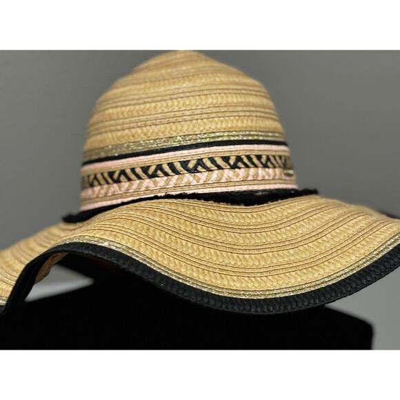 Steve Madden Woven Yarn Textured Striped Floppy Wide Brim Sun Hat OS travel Boho - Picture 2 of 6